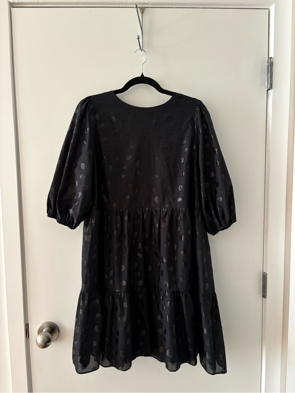 Ann Taylor Black Puff Sleeve Tiered Mini with Dot Texture